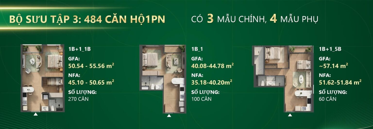 Căn 1PN + 1: 43 – 55 m²